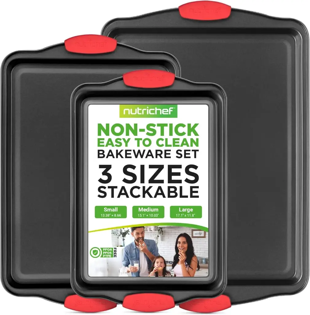 NutriChef 3-Piece Nonstick Kitchen Oven Baking Pans - Premium & Stylish Non-Stick Steel, Commercial Grade Restaurant Quality Metal Bakeware with Red Silicone Handles - Easy to Clean,