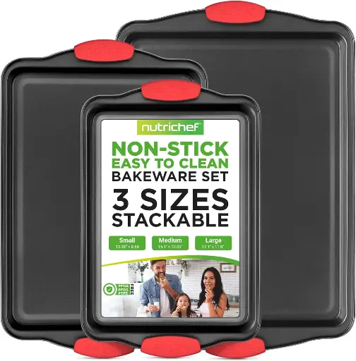 NutriChef 3-Piece Nonstick Kitchen Oven Baking Pans - Premium & Stylish Non-Stick Steel, Commercial Grade Restaurant Quality Metal Bakeware with Red Silicone Handles - Easy to Clean,