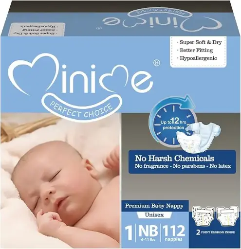 Minime Baby Diapers – Size 1, Newborn (6–11 lbs), 56/112 Count 🍼 | Ultra-Soft, Hypoallergenic Disposable Diapers | Fragrance-Free, Leak-Proof, Gentle on Sensitive Skin